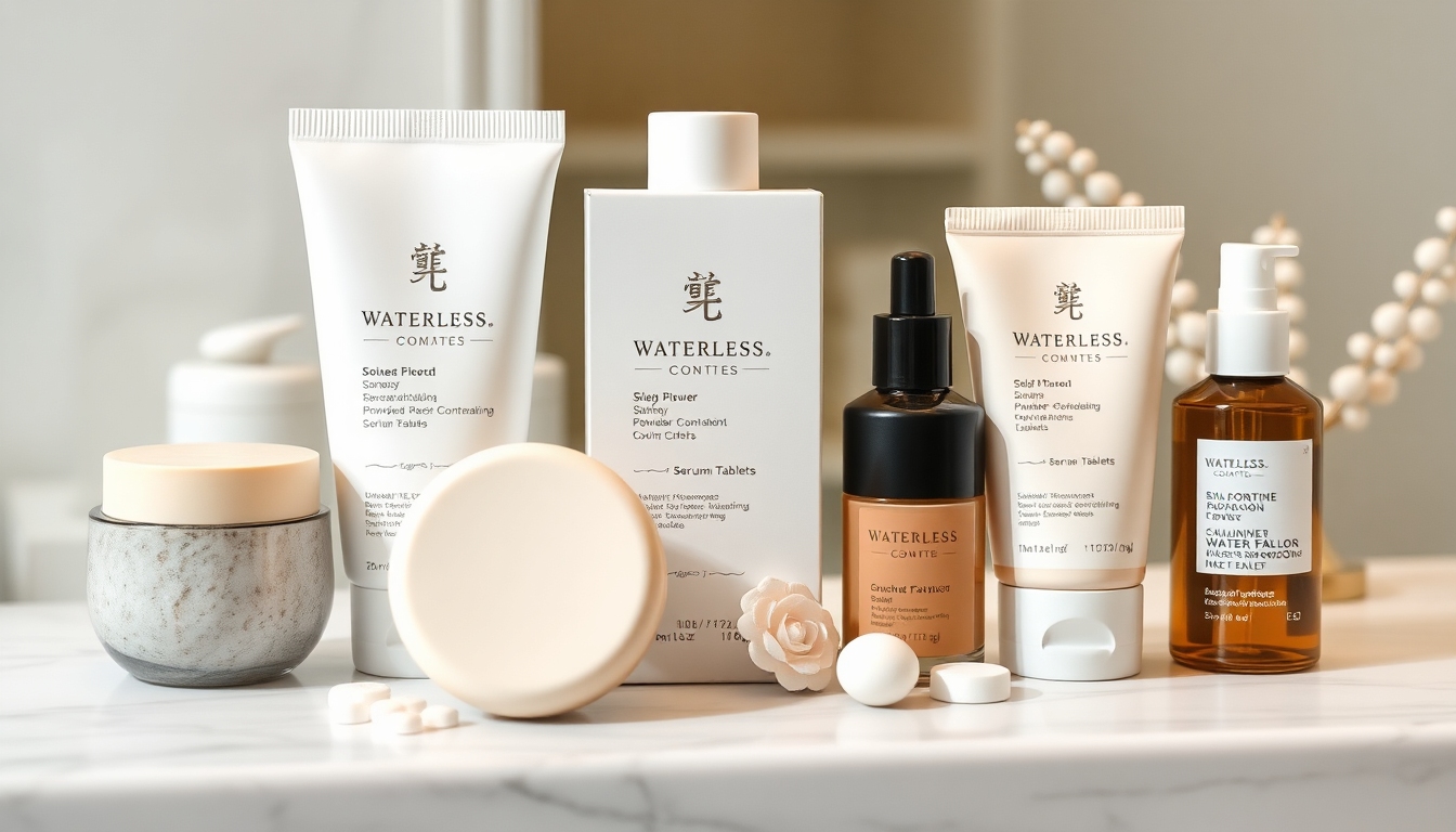 ウォーターレスコスメティクス市場の最新トレンドを表す現代的な製品群の写真